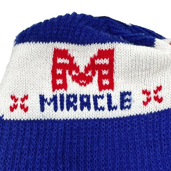 Vintage Knit Beanie Pom Pom Miracle Red White Blue Hat Letter M Winter - Picture 7 of 8